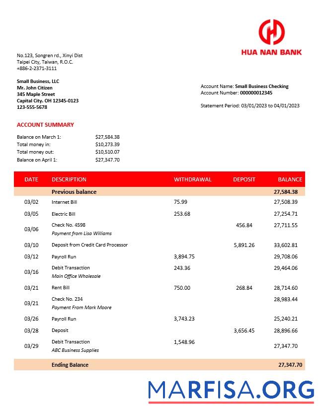 Printable Hua Nan Financial Holdings firm bank statement Word and PDF template
